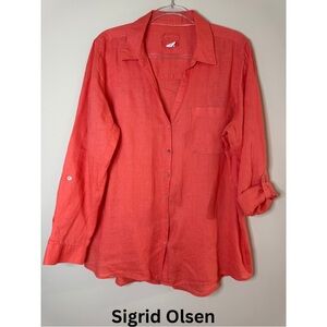 Sigrid Olsen Red Linen Button Front Shirt XL Pocket Roll Sleeve Casual Top
